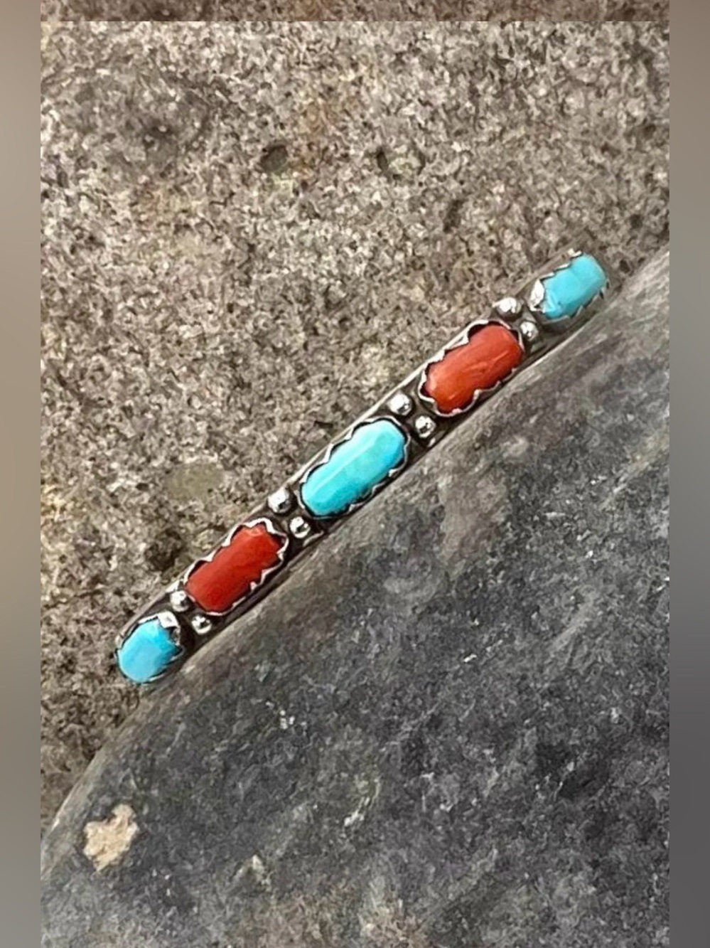 Zuni Native American Sterling Silver Natural Turquoise Coral Cuff Bracelet 6.75"
